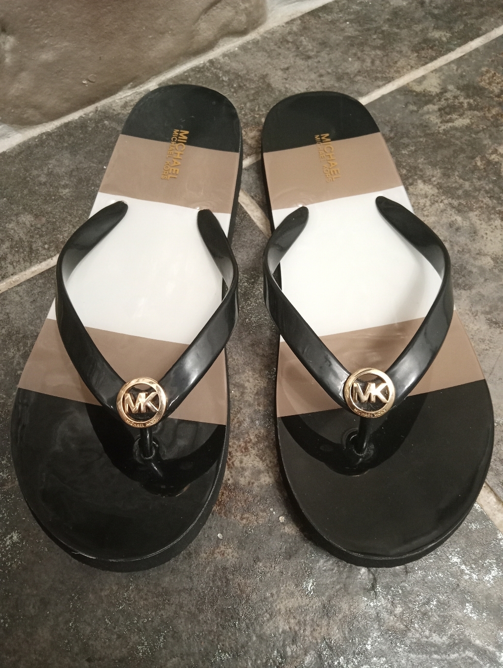 Michael Kors Black, White & Tan Striped Logo Jelly Flip Flops
